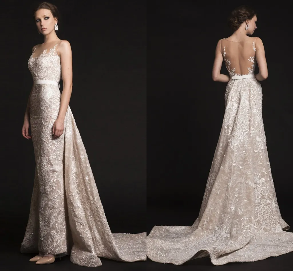 2016 Ashi Studio Dentelle Robes De Soirée Sheer Neck Drapé Train Dentelle Appliqued Sans Manches Robes Formelles Soirée Sirène Robes De Festa