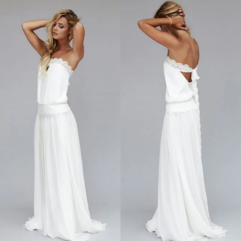 2019 Abiti vintage Anni '20 Abito da sposa da spiaggia Economici Vita scesa Bohemian Senza spalline Backless Boho Abiti da sposa Nastro di pizzo Custom Made