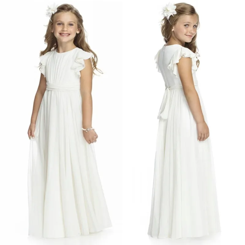 Tanie Kwiat Kwiat Girl Dresses Young Girls Junior Druhna Ruffled Rękaw Ruched Szyfonowa Długa Wesele Formalne zużycie z szarfą