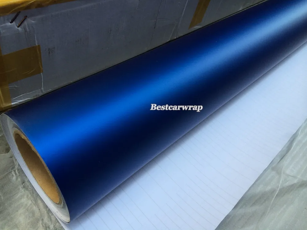 Satin Chrome Blue Car Wrap Film med Air Release Matte Chrome Blue för fordonsfolie Styling Car Stickers Size1.52x20M/Roll 5ftx66ft