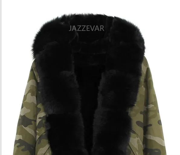 JAZZAVER marca pele Cast marrom guarnição forro de pele de raposa de prata camuflagem shell mini parka com guarnição da pele Placket fox com capuz