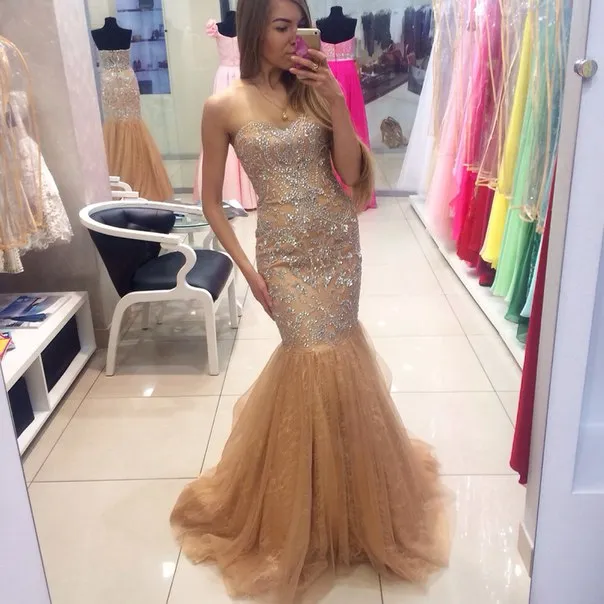 Sweetheart Evening Champagne 2017 with Sier Applique Mermaid Prom Dresses Back Zipper Custom Made Floor-length Tiered Formal Dress