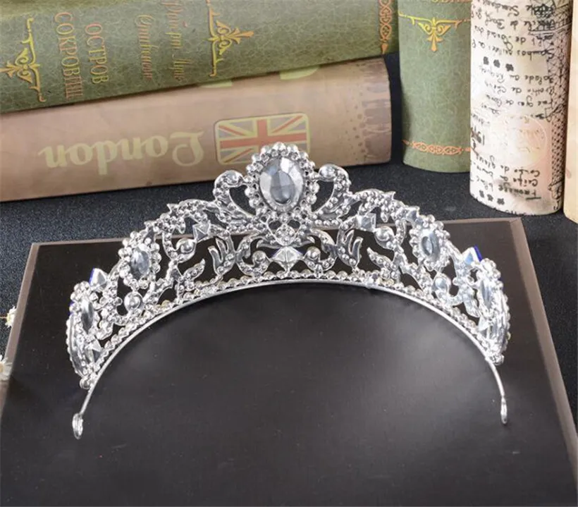Vintage Blue Crystal Crown Rhinestone Tiara Wedding Bridal Hair Accessories Headpiece Headband Jewelry Silver Prom Headdress Princess Queen
