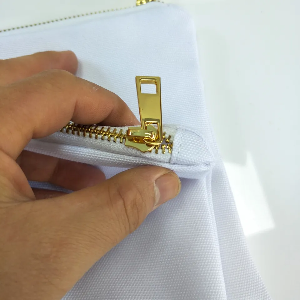 12oz beyaz poli tuval makyaj çantası, astar beyaz-altın fermuarlı boş kozmetik kese ısı transferi254w ile süblimasyon baskısı