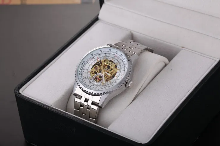 Famoso marchio Jaragar Luxury Fashion Men meccanico a carica automatica scheletro cinturino in acciaio orologio multifunzionale orologio da polso militare