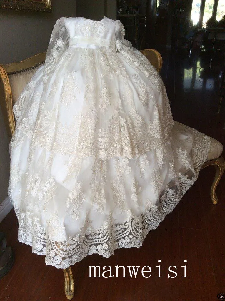 Vintage Christening Gown Long Sleeve Lace Antique Toddler Baby Baptism Dress Flower Girls Kid First Communication Dress317R