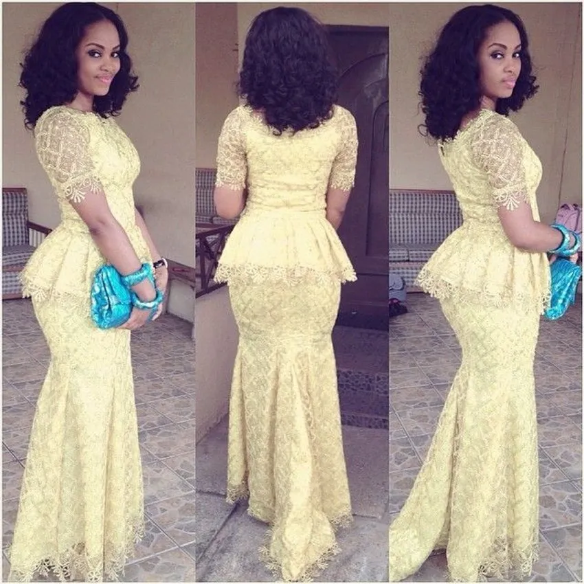 Aso Ebi A Style Curve Dresses Evening bellanaija weddings Floor Length Short Sleeves Party Formal Wear Lace Luxury Traditional Evening Dress