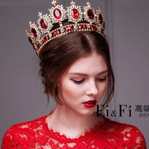 Retro Tiaras & Crowns Hair Accessories Large European Royal Crown Golden Crown Head Imitation Ruby Jewelry Wedding Tiara Crowns Halloween