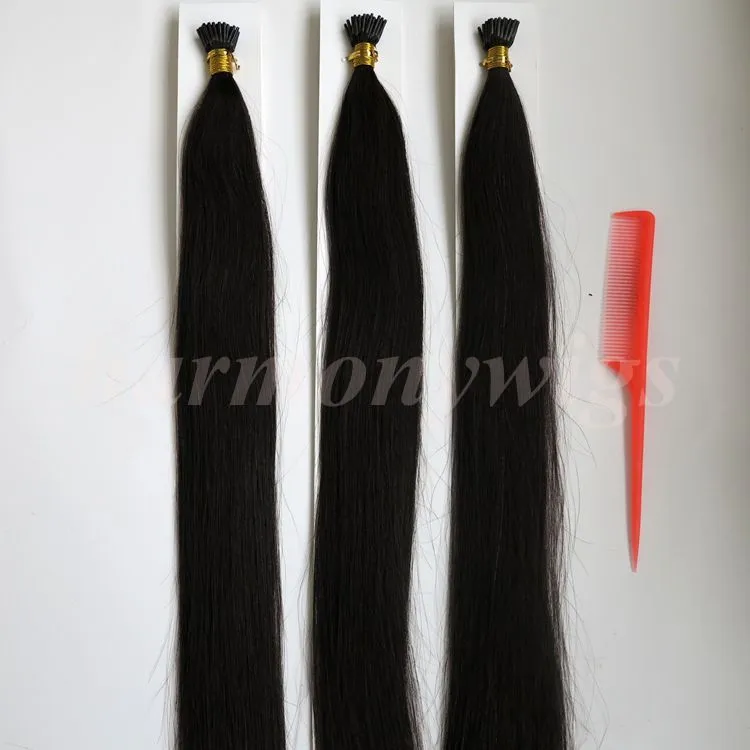 Extensions de cheveux humains brésiliens pré-collés Stick I Tip 100g 100 brins 18 20 22 24 pouces # 1B/Off produits capillaires indiens noirs