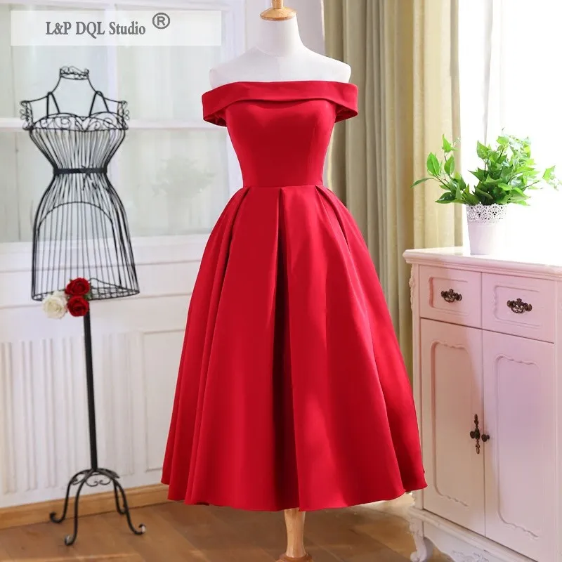 Elegagnt Red Satin Prom Dresses Strapless Tea Length Lace-up/Zipper Back Party Dress Evening Gowns Real Pictures Accept Custom Made