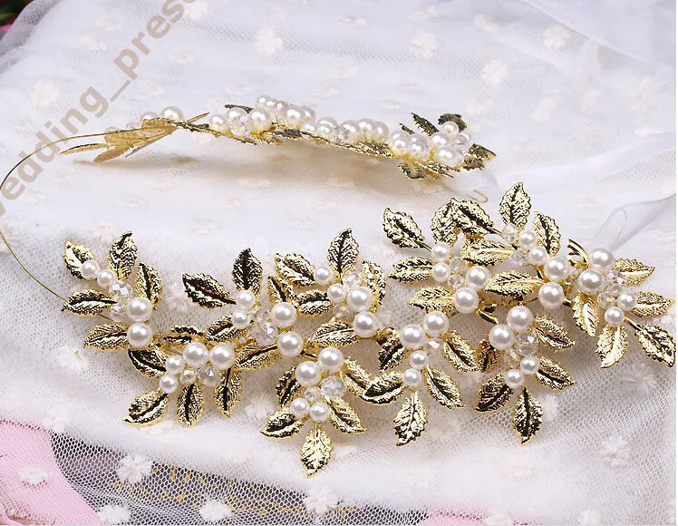 2015 New Coming Shiny Gold Leaves Bridal Tiaras Hair Accessories with Faux Pearls Wedding Tiaras Crown Bride Hair Jewelery Bridal Headpiece