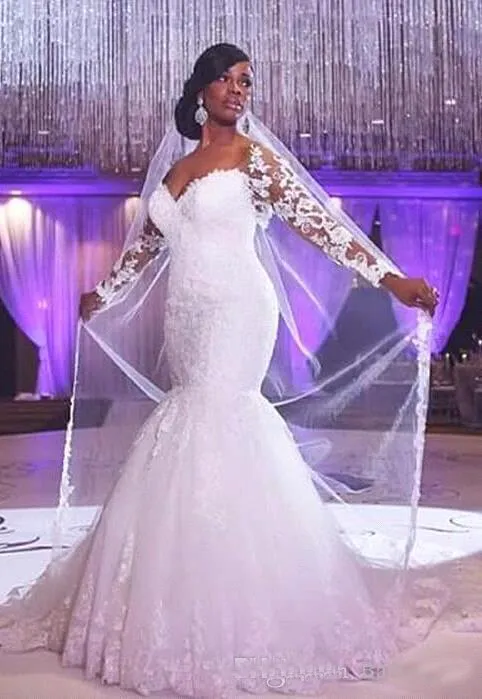Sydafrika Långärmade Lace Mermaid Bröllopsklänningar Sheer Appliqued Plus Size Church Bridal Gowns Spring Wedding Gowns 2021 Vestidos