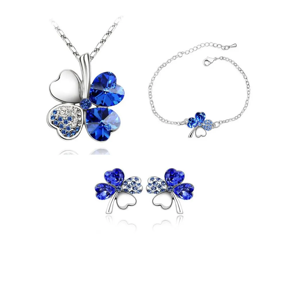 New Fashion Four Leaf Clover Pendant Necklaces Jewelry Sets Austria Zircon Crystal Necklace+Earrings+Bracelet Set Love Heart Women Jewellry