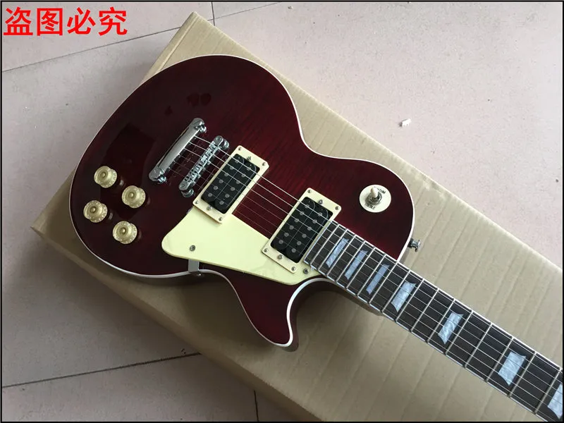 Yeni Standart LP Özel Mağaza Şarap Kırmızı Ele Gitar Tiger Flame Standart Katı Maun Vücut Gerçek PO Şovları1568194