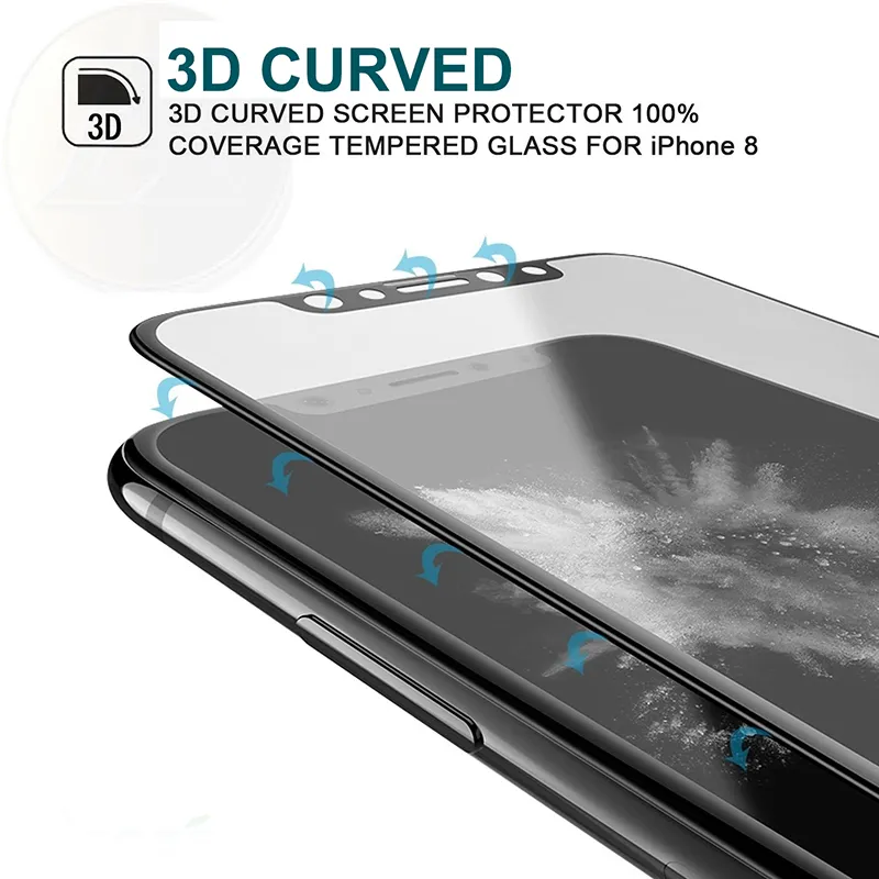 För iPhone X 8 Glansigt kolfiberhärdat glas 3D 9H Curve Edge Screen Protective Film för iPhone 7 7 Plus 6 5