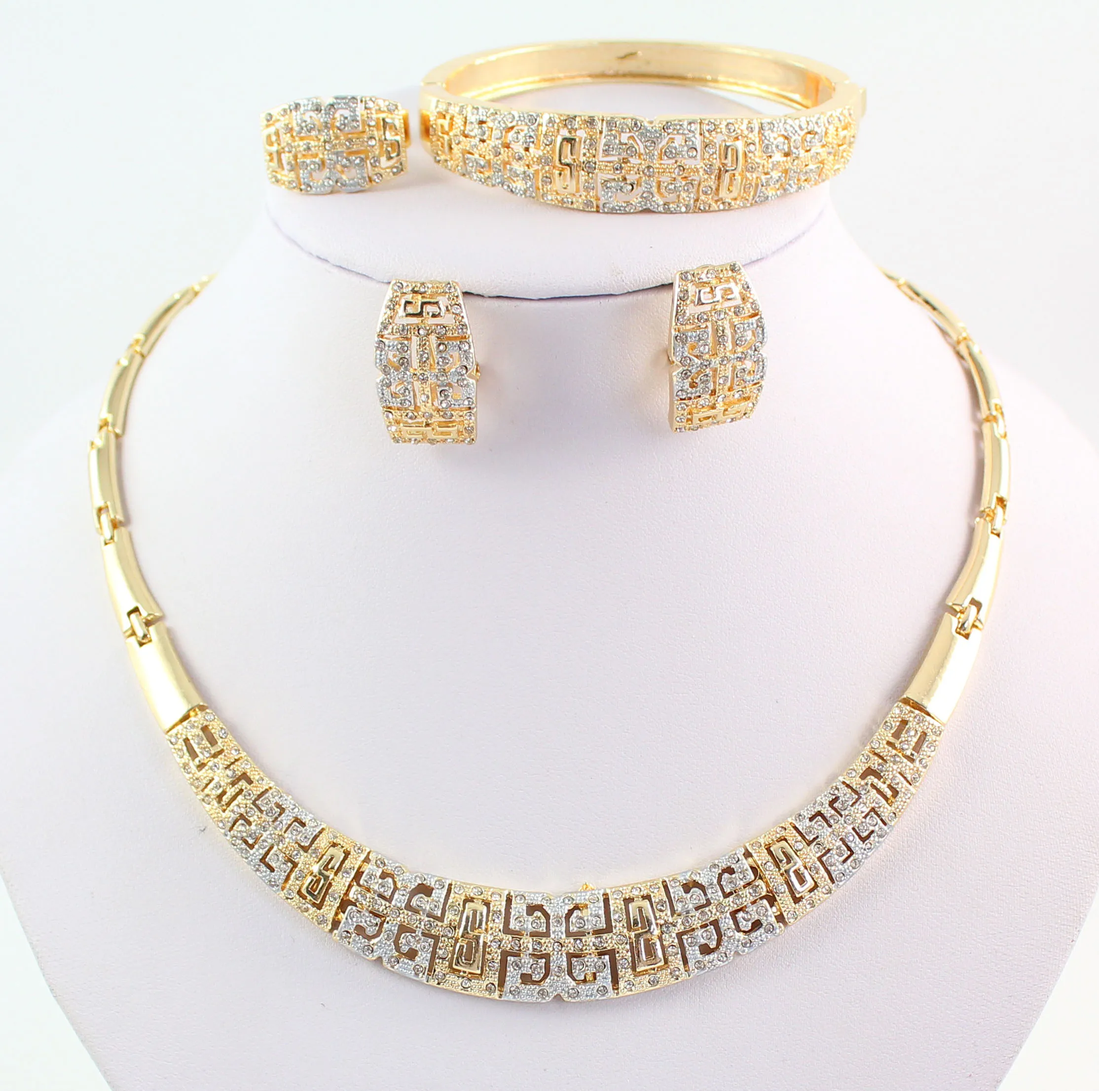 New Vintage Gold Necklace Bracelet Ring Earring Fashion Full Rhinestone 18K Gold Plated Wedding Party Jewelry Sets