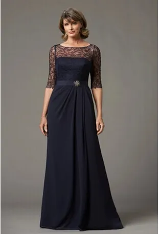 Navy Blue Wedding Party Sheer Crew Neck Half Sleeves Long Mother of the Bride Dress Chiffon and Lace Floor Length A-line Hollow Mum Dresses