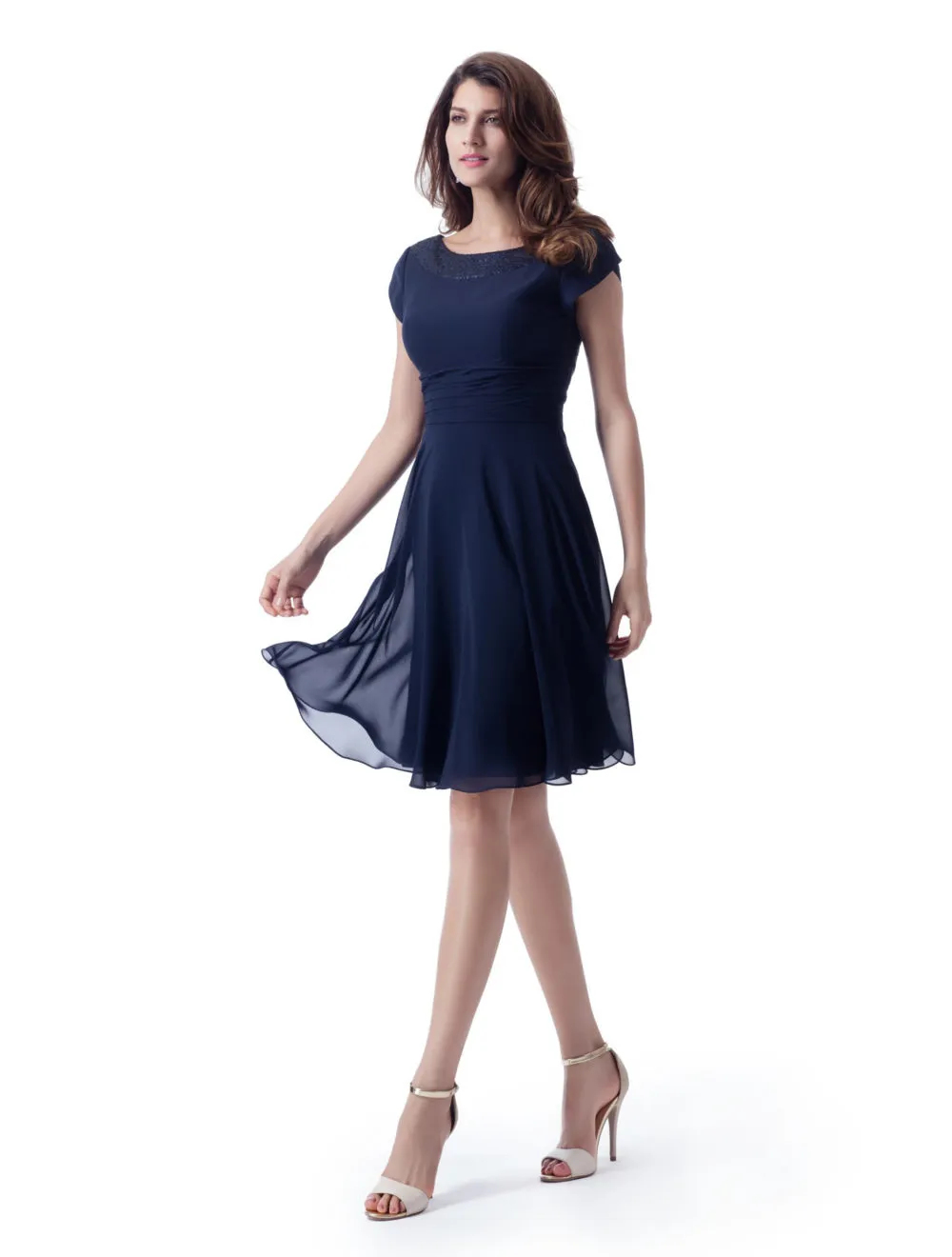 Navy Blue Chiffon Short Modest Bridesmaid Dresses With Tulip Sleeves Sequins Neck and Back Country Western Informal Summer Wedding Party