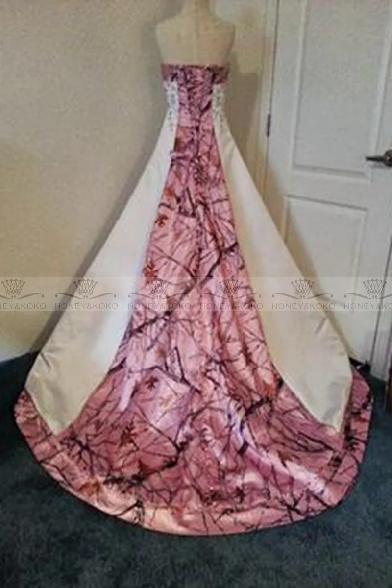 Custom Made Colored Pink Camo Wedding Dresses 2015 Aline Court Train Sweetheart Satin Laceup Bridal Gowns Elegant Wedding Dress5286302