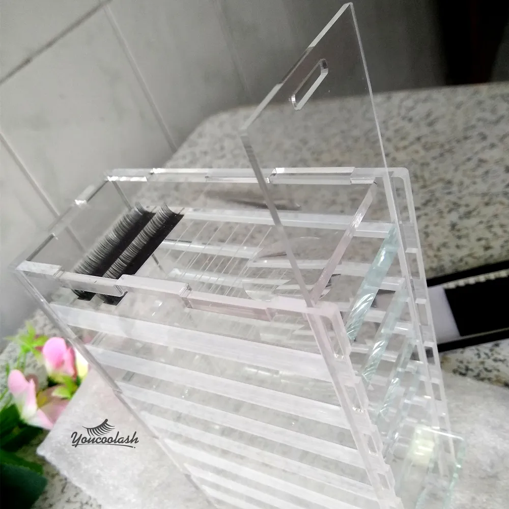 Acryl-Wimpernfliesen-Box zur Aufbewahrung einzelner Wimpern mit Graskristallhalter, Wimpernverlängerungs-Palettenboxen