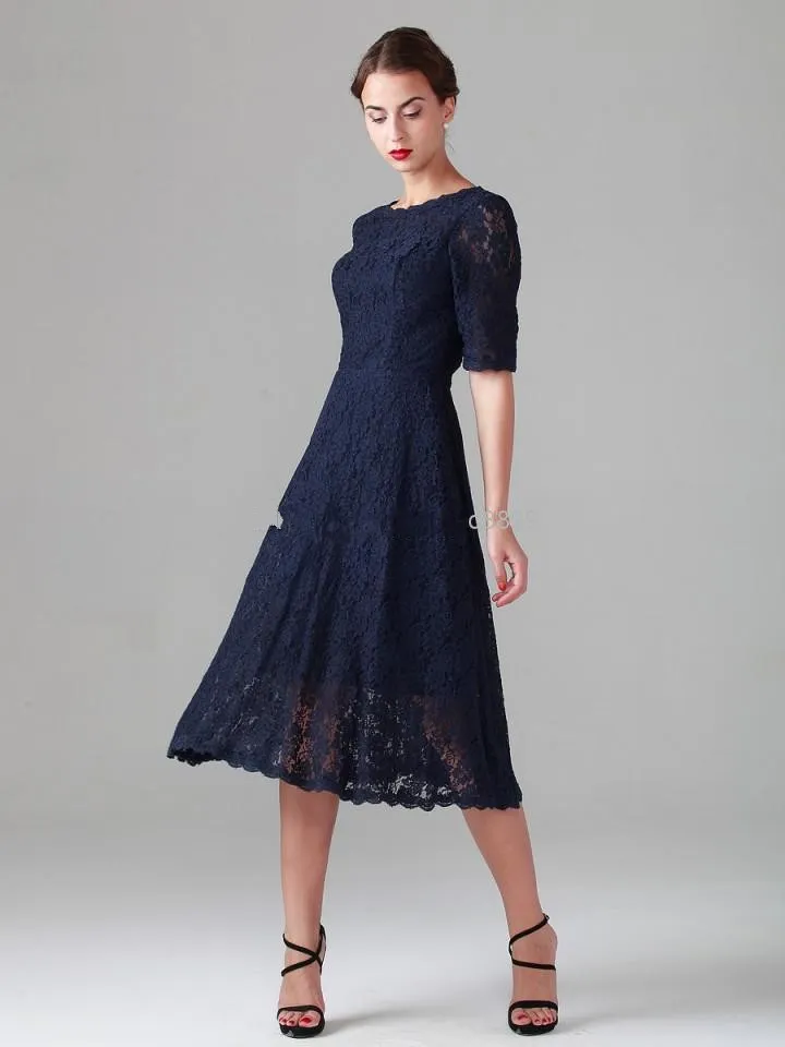 Navy Blue Elegant Lace Mother Of The Bride Dresses Vintage Half Sleeves ...