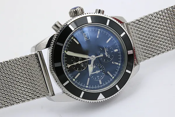 Top cronógrafo relógio masculino prata cinto sem aço esqueleto de prata mostrador azul escuro ponteiro branco tendência relógios311q