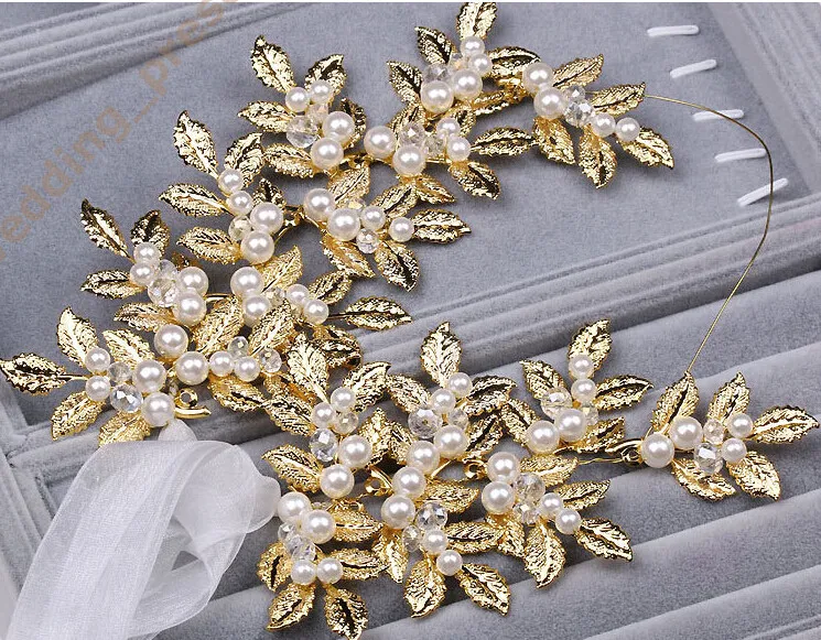 2015 New Coming Shiny Gold Leaves Bridal Tiaras Hair Accessories with Faux Pearls Wedding Tiaras Crown Bride Hair Jewelery Bridal Headpiece