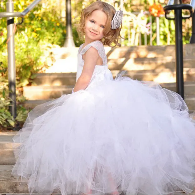 Weiße Prinzessin-Blumenmädchenkleider für Kinder, Brautjungfer, Party, Hochzeit, Satin, Tüll, Netzstoff, für Mädchen im Alter von 1–12 Jahren