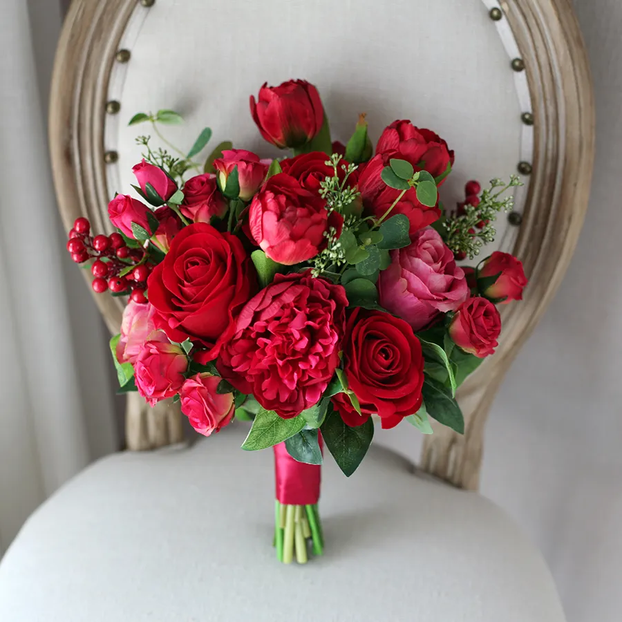 Estilo ocidental Flores Do Casamento Artificial Buquês De Noiva Rosas  Vermelhas Peônia Tulipa Buquê De Casamento
