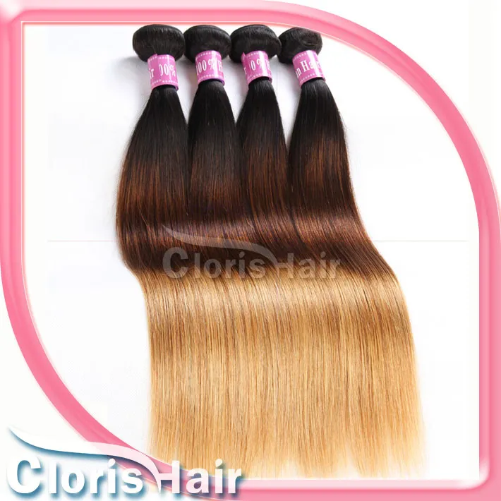 Blonde Ombre Malaysian Virgin Hair Straight Bundles Three Tone 1b 4 27 Ombre Extensions Cheap Dark Roots Blonde Straight Human Hair Weaves