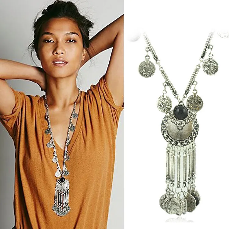 Bohemian Vintage Coin Long Pendant Necklace Silver Chain Gypsy Tribal Ethnic silver jewelry Tassel Necklace for women Ancient Coins Chains