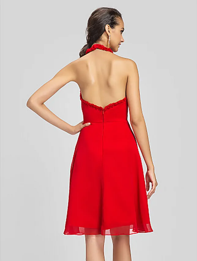 Exquisite New Sexy Red Szyfonowa Szyfonowa Długość Kolana Długość Sukienki do domu Backless Party Cocktail Suknie Custom Made