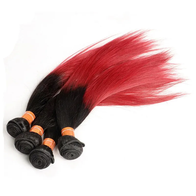 Två tonröd hår 3 buntar Brasilianska Virgin Human Hair Weave 1B Röd Ombre Hair Extension Red Colored Bundles