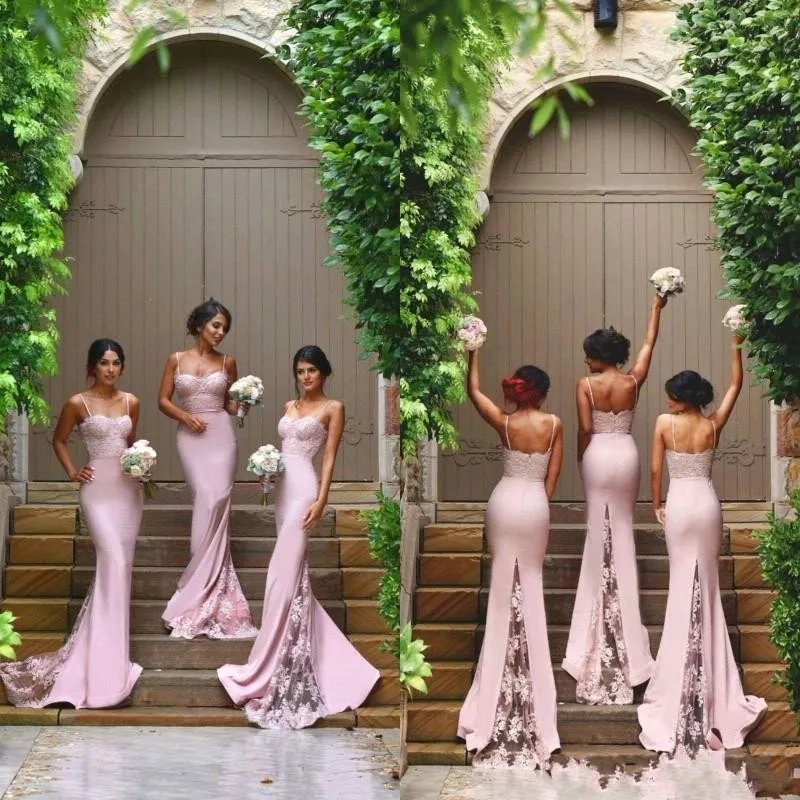 New Designer Pink Sexy Mermaid Bridesmaid Dresses Spaghetti Straps Lace Appliques Backless Wedding Guest Maid Of the Honor Dresses294q