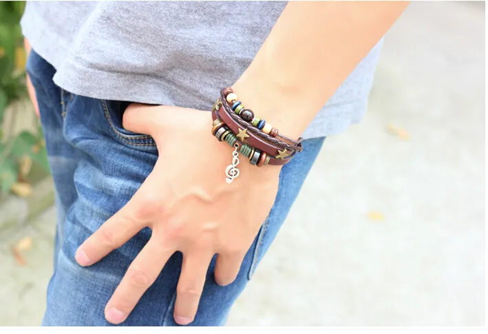 2014 Fashion Multilayer Leather Strap Bracelets & Bangles Vintage Three Stars Musical Note Pendant Bracelet For Women Men290L