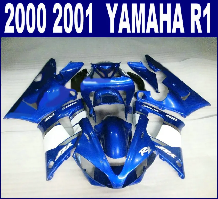 7 Gratis presenter Motorcykeldelar för Yamaha Fairings 2000 2001 YZF R1 Blue White Fairing Kit YZF1000 00 01 BodyKits RQ47