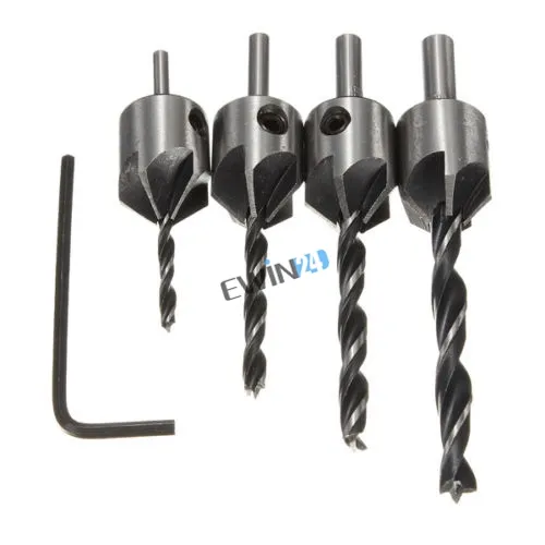 4pcs HSS 5 flauto carpenteria contropiede per trapano bit set di strumenti per la lavorazione del legno da 3 mm-6mm + gambo esadecimale