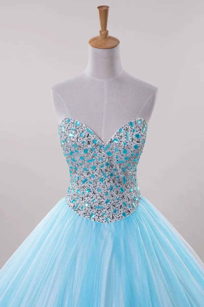 2015 nieuwe mode bling bling blauwe quinceanera jurken baljurk met kralen kristallen lace-up jurk voor 15 jaar debutante downs qs129