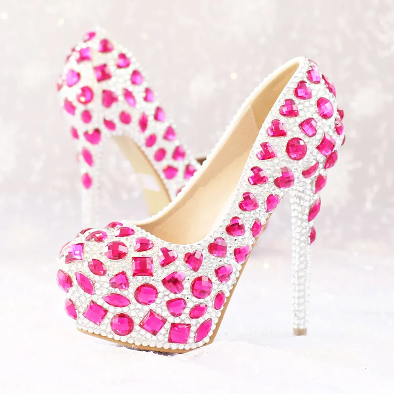 Pink Crystal Wedding Shoes Womens Modeling Event High Heel Luxury Rhinestone Bridal Dress Shoes Platform Party Prom Shoes