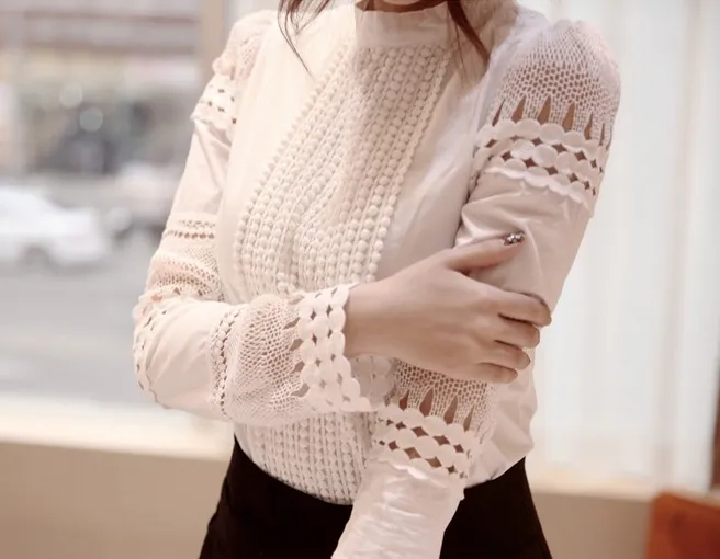 2015 Spring Autumn Woman White Blouses Plus Size Women's Blouse Elegant Lace Crochet Hollow Slim High Quality Chiffon Blusas Blouse Shirts