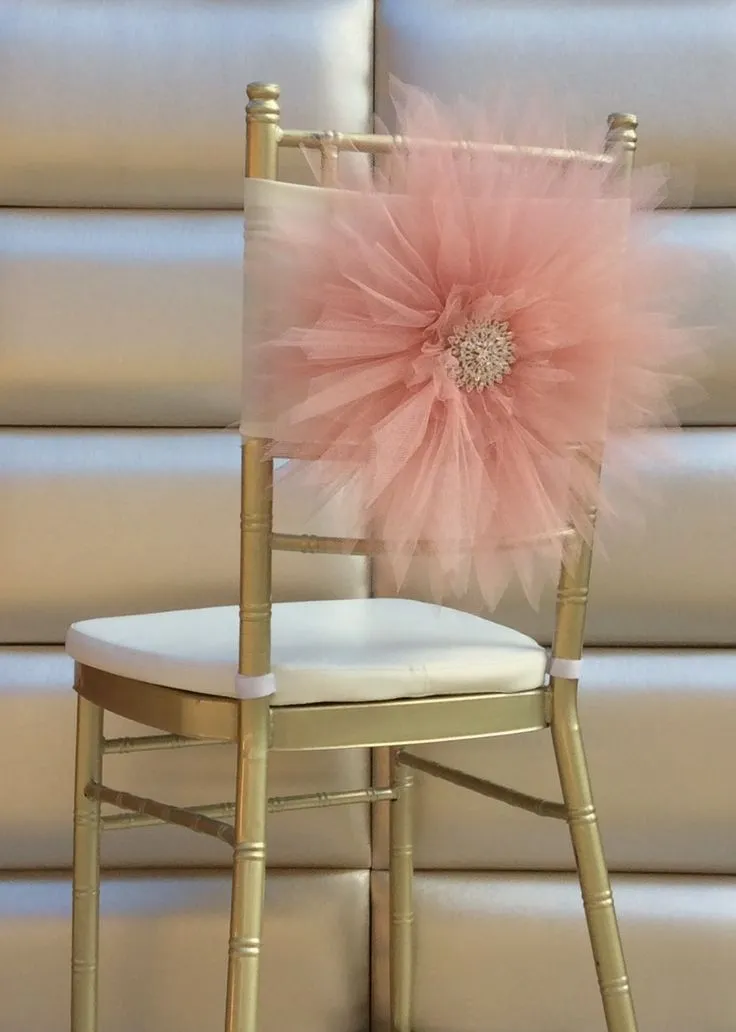 2015 Big Flowers Crystal Beads Romantic Hand Made Tulle Ruffles Chair Sash Chair Covers Wedding Decorations Wedding Accessories