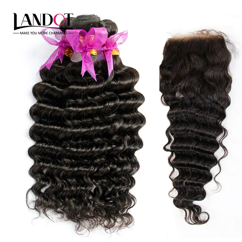 Peruvian Deep Wave Curly Virgin Hair With Closure 8A Unprocessed Human Hair Weaves 4Bundles And Lace Closures Natural Color