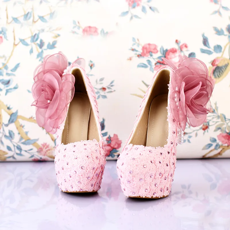 Handmade Pink Lace Wedding Shoes Women Pumps Bridal Dress Prom Shoes Party pumps Beautiful Appliqued Bridesmaid Shoes