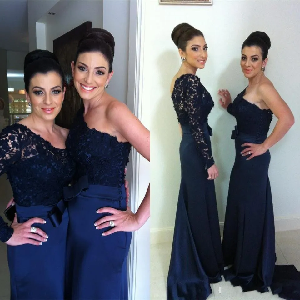 2016 Best Selling Bridesmaid Dresses With One Shoulder Long Sleeve Ribbon A Line Brush Train Lace Elegant Navy Prom Pageant Party Dress