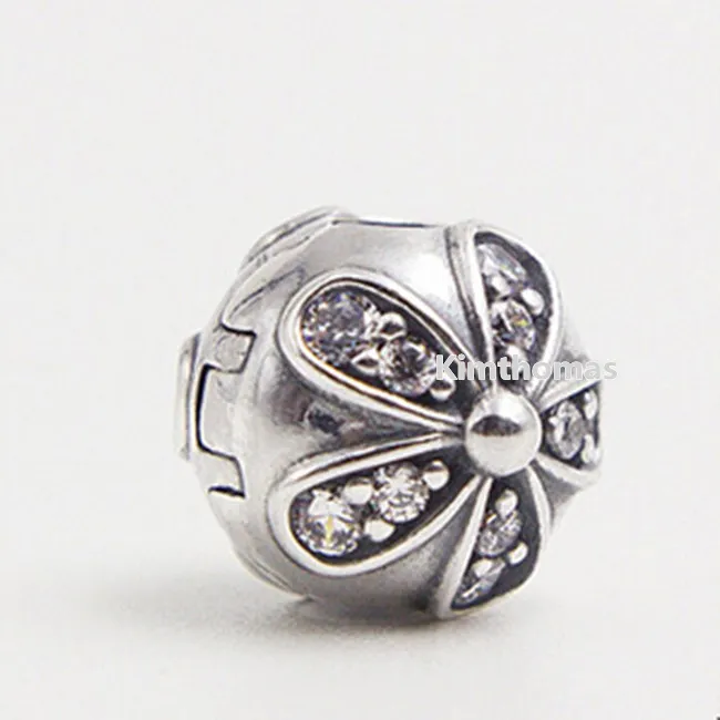 100 % 925er Sterlingsilber, schillernde Gänseblümchen-Clip-Charm-Perle mit klarem Cz, passend für europäische Pandora-Schmuckarmbänder, Halsketten, Anhänger