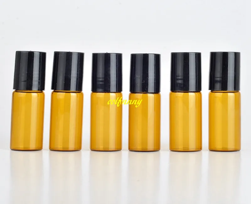 200 stks / partij Snelle verzending 5 ml Amber Glass Roll on Flessen Essentiële Olie Lege Parfum Fles met Plastic Black Cap