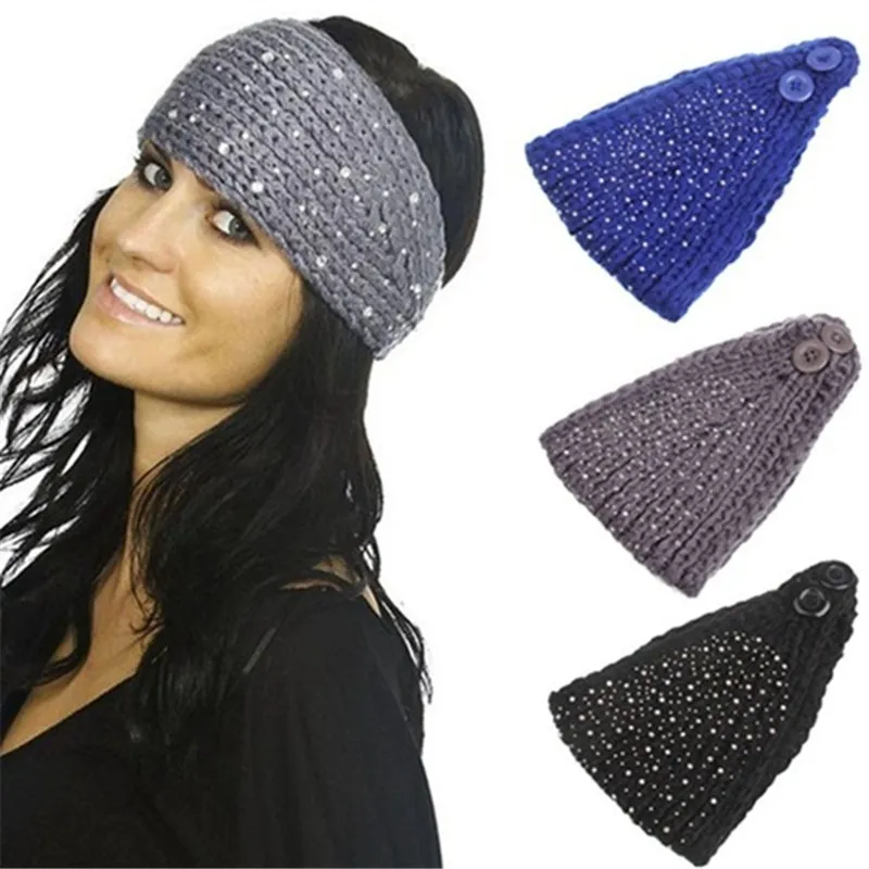 女性かぎ針編み冬秋の暖かいラインストーンニットヘッドバンド帽子ファッションワイドラップ冬のヘアアクセサリー耳ウォーマー