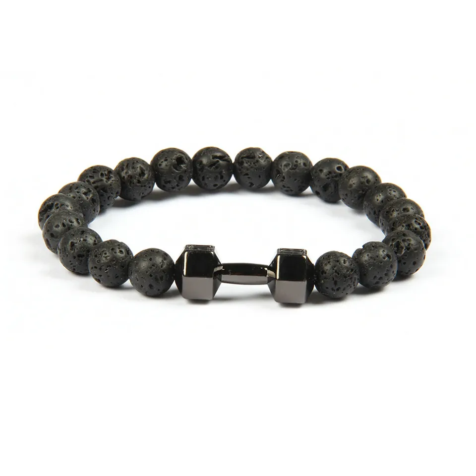 Mens Gift Groothandel Nieuwe Collectie Legering Metalen Lava Rock Stone Beads Fitness Fashion Dumbbell Armbanden met woorden