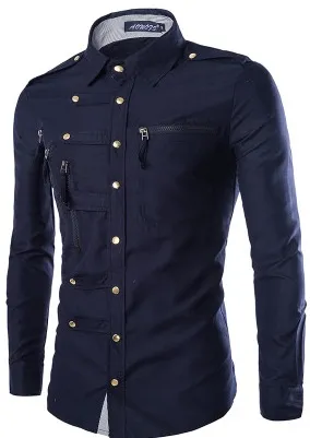 Venta al por mayor Moda Cremallera Camisas para hombre Camisa de manga larga Hombres Camisa Masculina Hombres Camisas con botones Camisas de vestir casuales