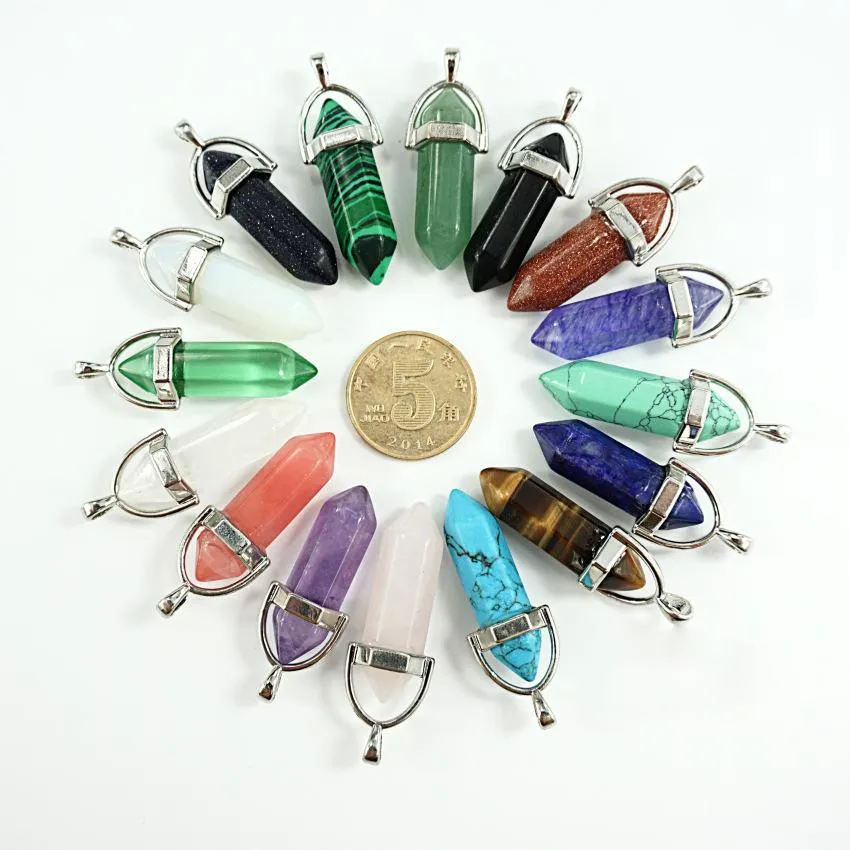 Pendentifs Collier Cristaux de Guérison Agate Point Pierres Six côtés Enveloppé Pendule Chakra pierre Guérison Reiki Perles Mode Bijoux En Vrac Charmes